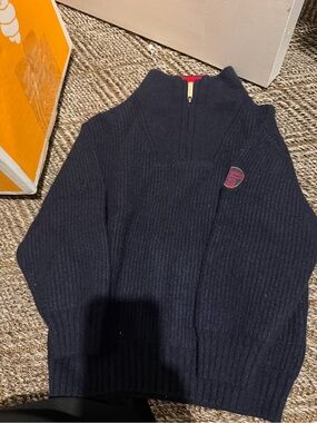 Bonpoint Navy Ribbed Half-Zip Sweater with Red Logo Trim